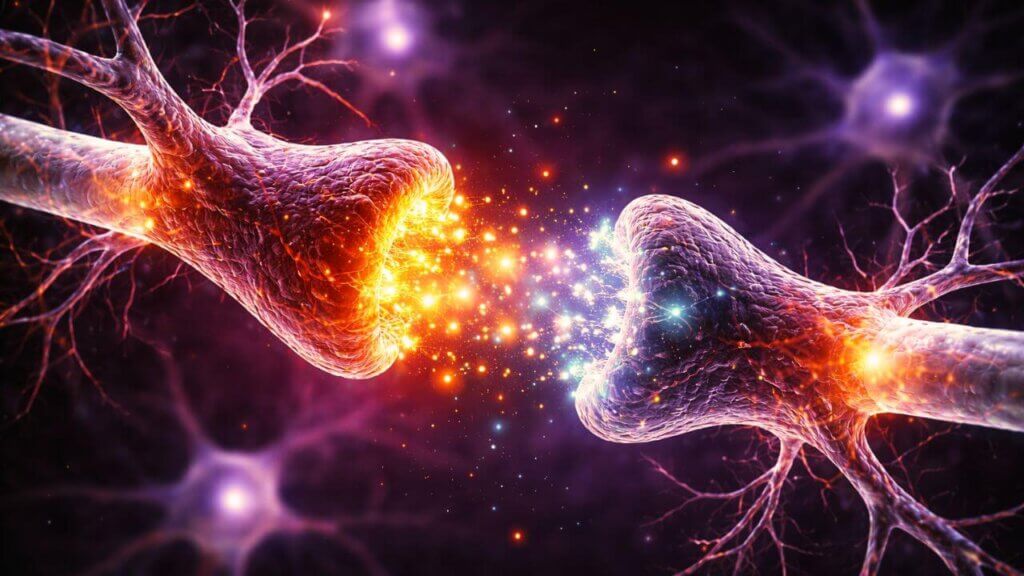 Como o cérebro aprende: visualização microscópica em ultra alta definição de neurônios interconectados, mostrando neurotransmissores atravessando a fenda sináptica