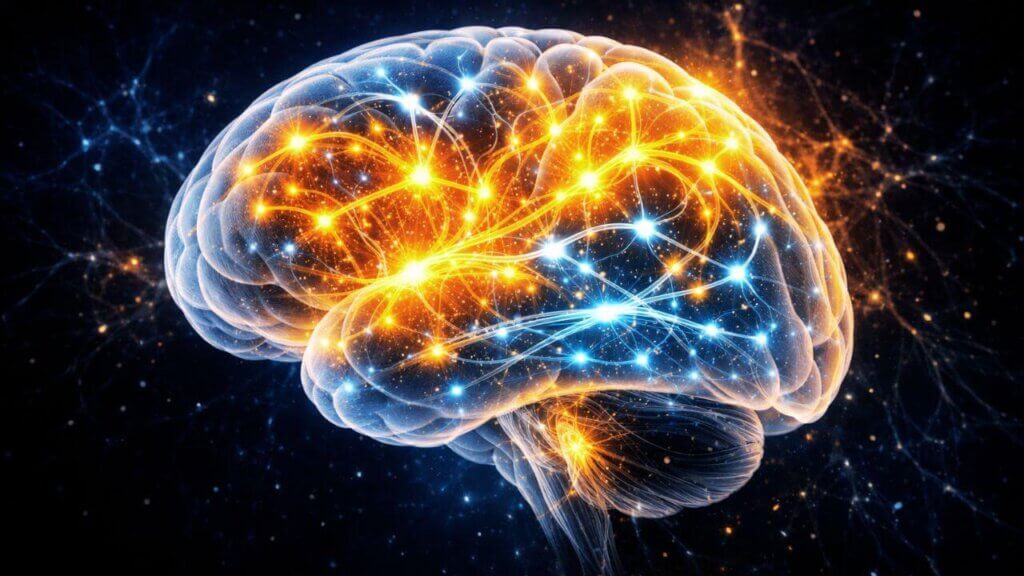 Como o cérebro aprende: ilustração científica em ultra alta definição mostrando a neuroplasticidade cerebral, com conexões neurais se fortalecendo em dourado e enfraquecendo em azul