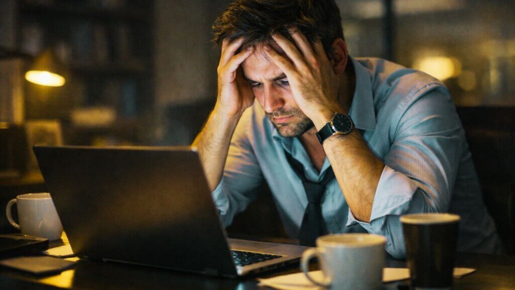 Homem profissional sofrendo burnout no trabalho, com sinais de esgotamento mental e estresse crônico