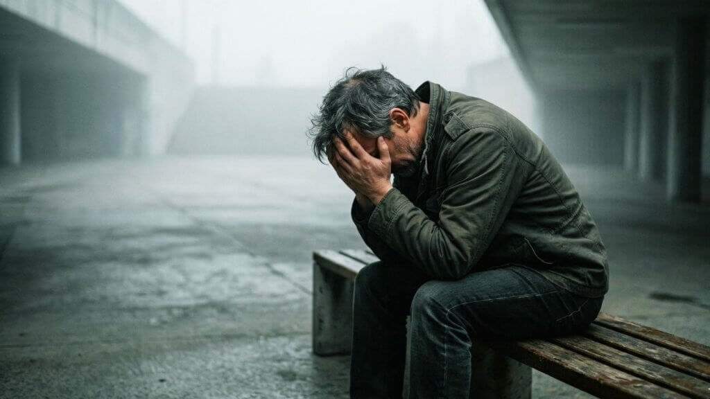Um homem com depressão sentado sozinho em um banco de madeira e local nebuloso, com a cabeça baixa e escondida nas mãos, expressando desolação profunda e apatia.