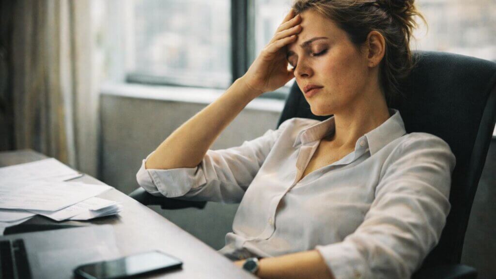 Mulher exausta no escritório demonstrando sintomas de burnout e sobrecarga emocional no trabalho