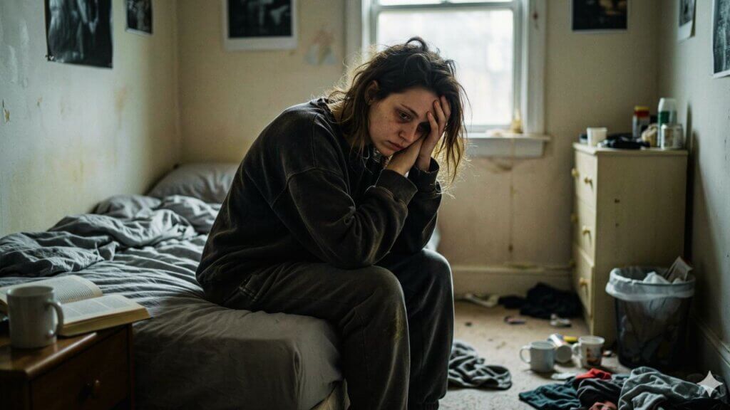Uma mulher em seu quarto desarrumado, sentada na beira da cama com as mãos no rosto, expressando exaustão física e desolação profunda causadas pela depressão.