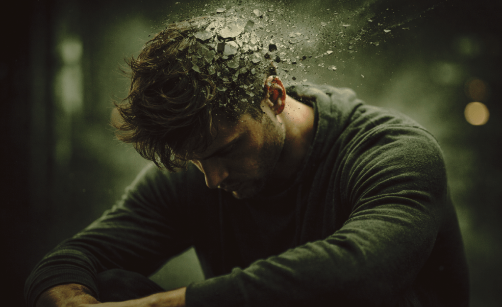 sanidade mental em risco representada por pessoa com mente fragmentada e expressão de cansaço emocional