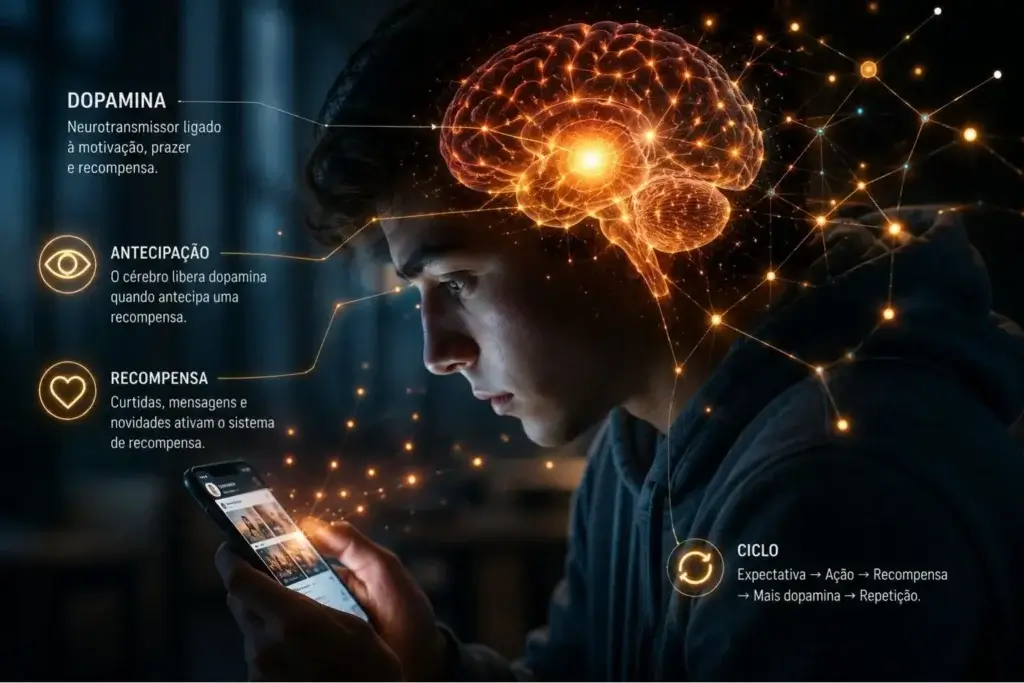 Pessoa olhando para o celular enquanto conexões neurais iluminadas representam a dopamina e o sistema de recompensa cerebral