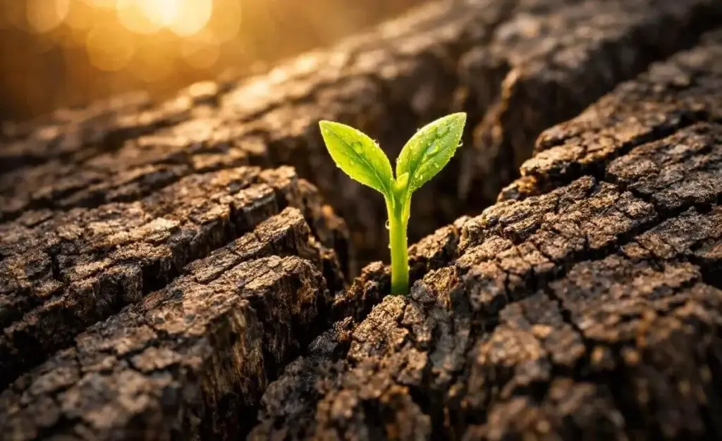 morte e páscoa: uma pequena planta verde brotando de um tronco seco de árvore