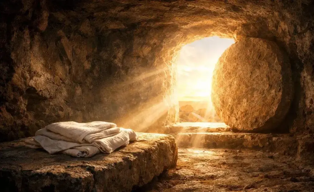 morte e páscoa: luz divina emanando do túmulo vazio de Jesus Christo.