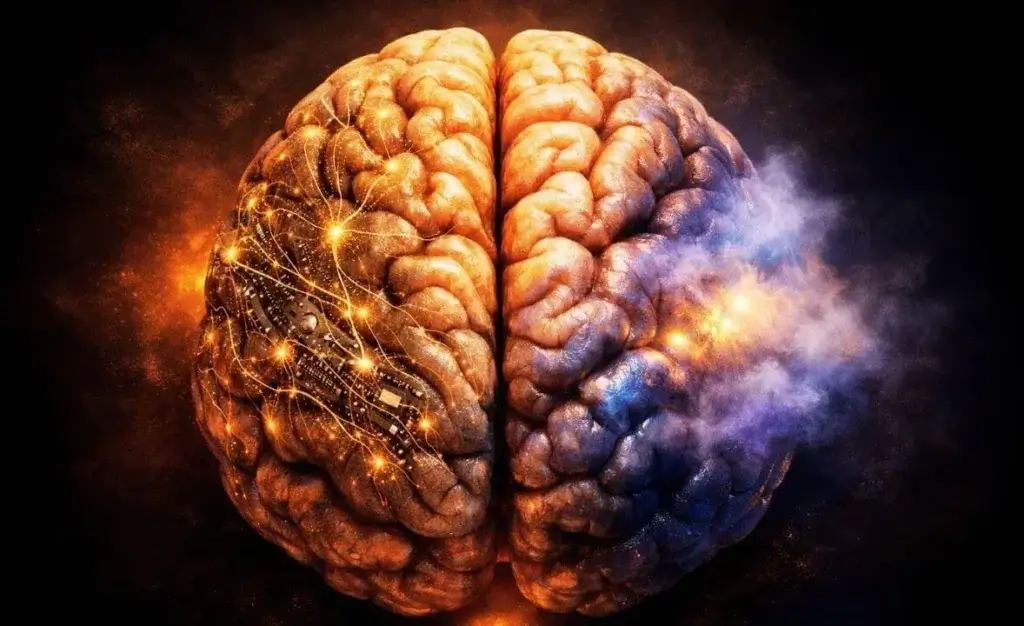 Ilustração conceitual unindo circuitos cerebrais e elementos emocionais, representando a conexão entre Neurociência e Psicologia.