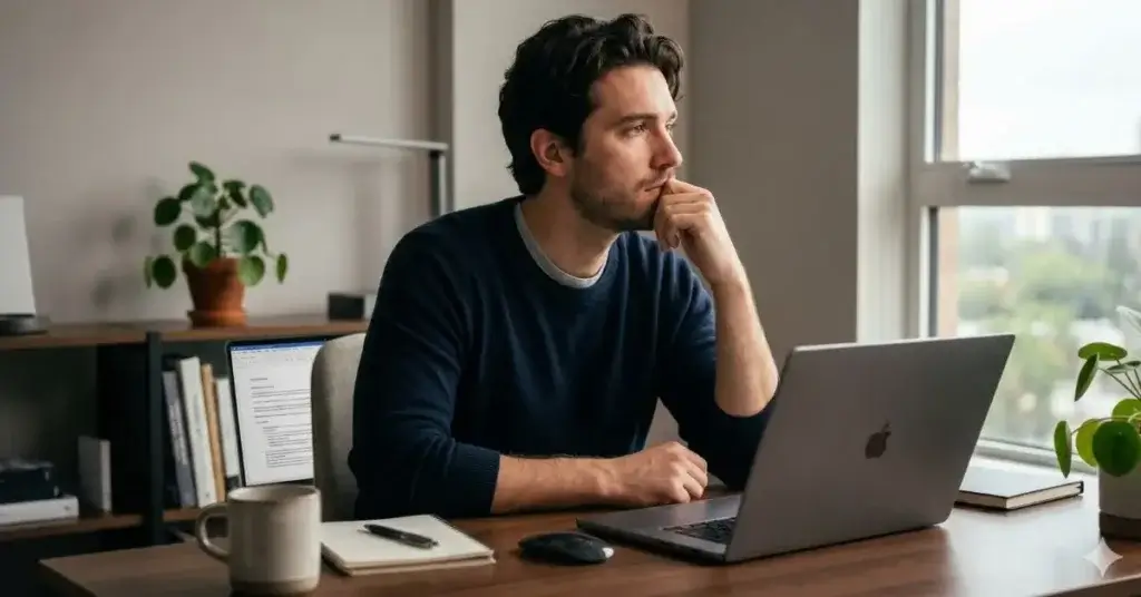 Procrastinação. Imagem de um homem pensando, sem r eação, em frente ao computador — como a neurociência explica o hábito de adiar