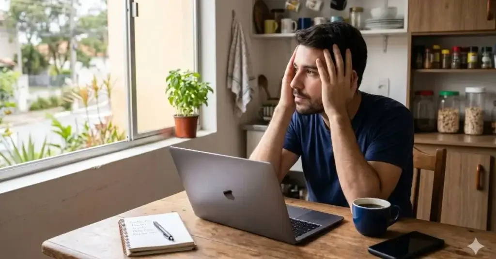 Psicologia Financeira. Homem preocupado com problemas relacionados a decisões erradas.
